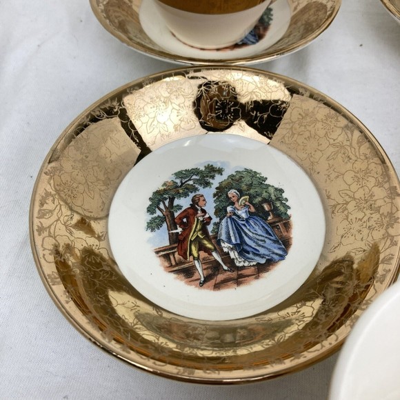 Lot 3 Vintage King Quality Fine Colonial Couple Gold 22k US 1960 Cups And Saucer - Picture 7 of 14
